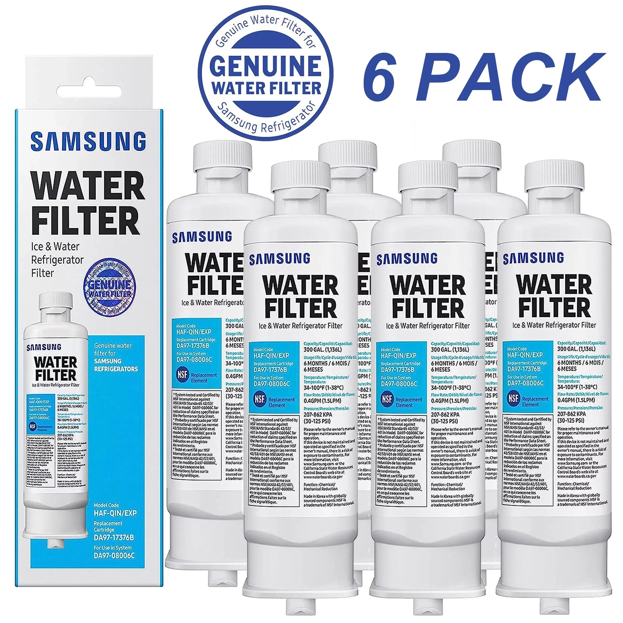 DA97-17376B HAF-QIN, DA9717376B HAF-QIN/EXP Refrigerator Water Filter RF23M8070SG Pack of 6