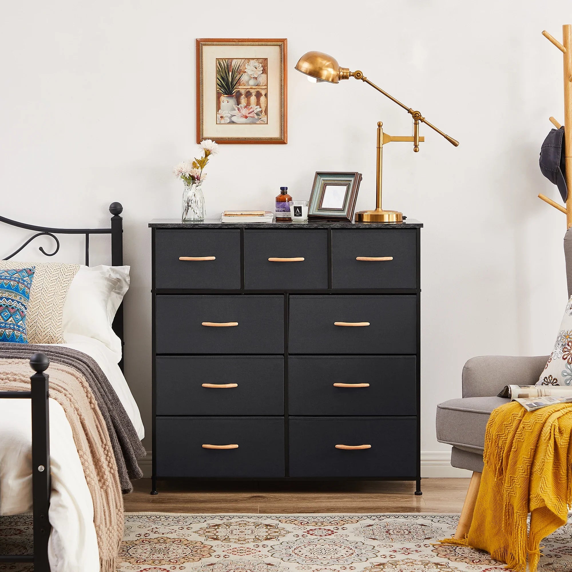 Bigroof 9-Drawer Fabric Dresser, Furniture Storage Tower Cabinet, Organizer for Bedroom, Living Room, Hallway, Closet, Sturdy Steel Frame, Wooden Top, Easy-to-Pull Fabric Bins(Black Grey)