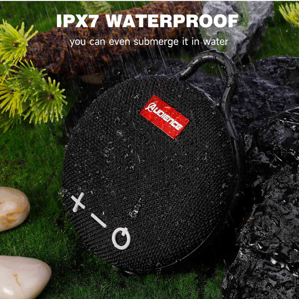 UrbanX Audience Series IPX7 Bluetooth Waterproof Speaker with Clip, 20H Playtime, Compact Speaker with Big Sound, Punchy Bass, Wireless for LG Stylo 5 & Beach, Pool, Vessel Biking Black 2 Pack