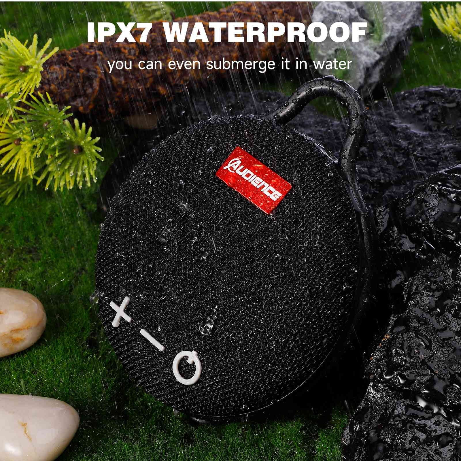 UrbanX Audience Series IPX7 Bluetooth Waterproof Speaker with Clip, 20H Playtime, Compact Speaker with Big Sound, Punchy Bass, Wireless for LG Stylo 5 & Beach, Pool, Vessel Biking Black 2 Pack