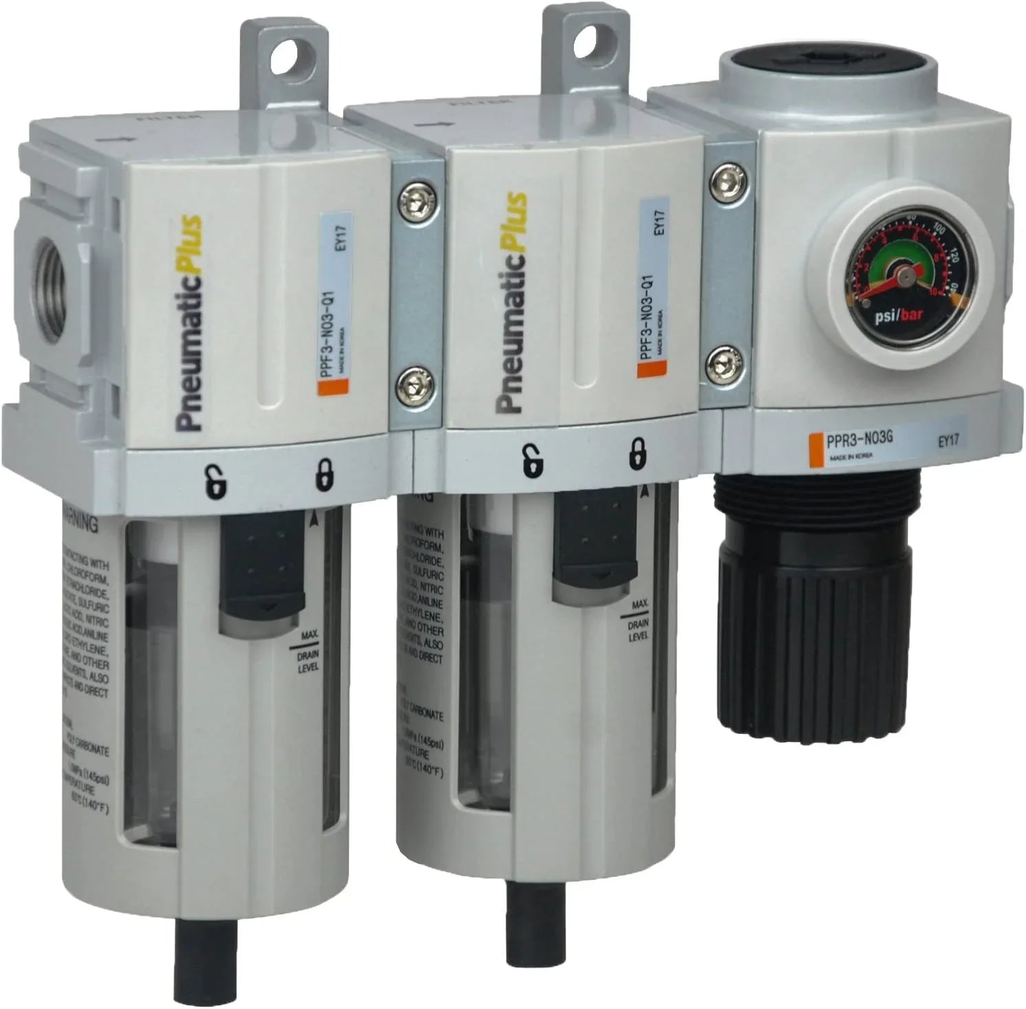 Compressed Air Dryer System 3/8" NPT - Particulate (5 Micron - Dust) Air Filter, Coalescing (0.3 Microns - Oil & Small Particle) Air Filter & Compressed Air Pressure Regulator, Bowl, Manual Drain
