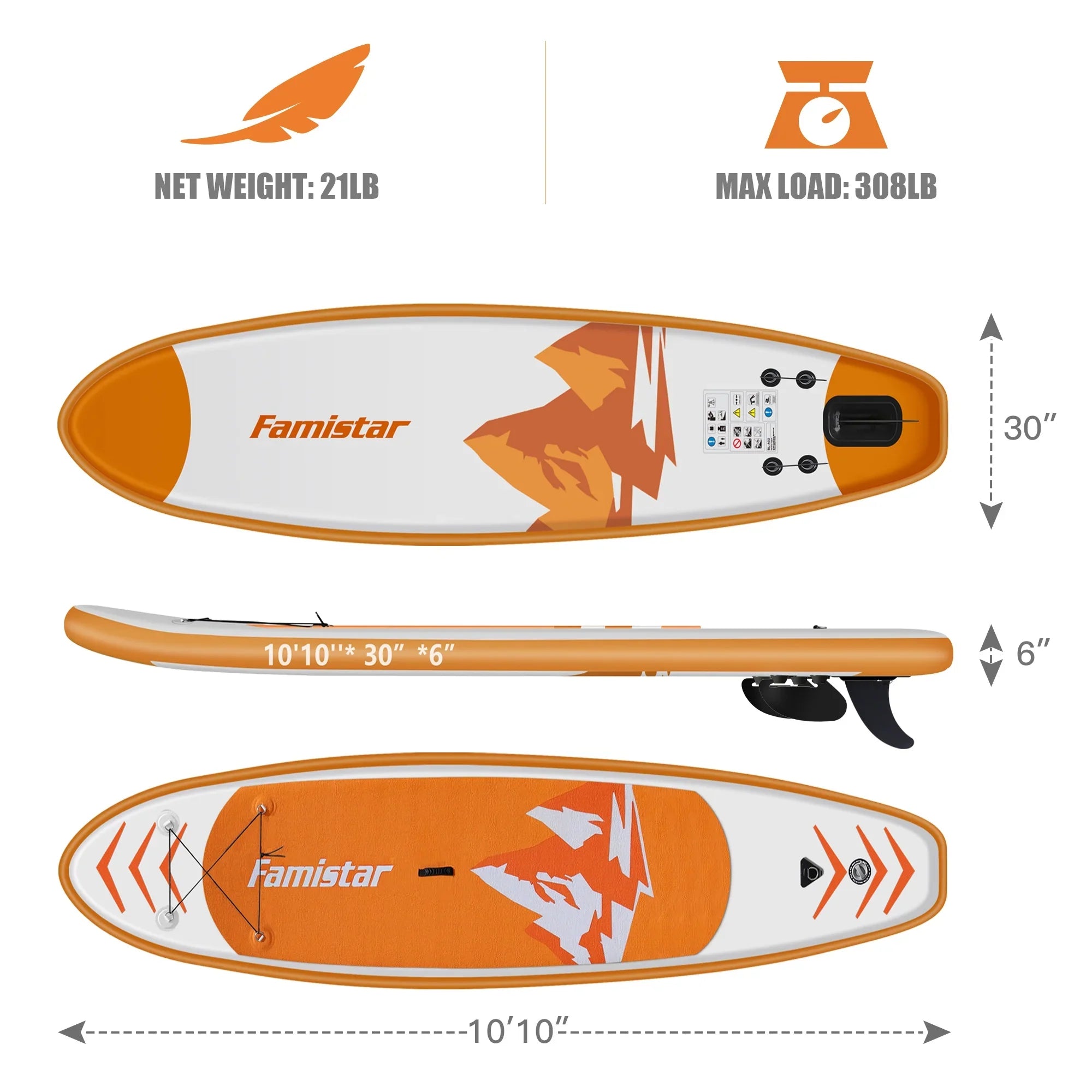 Famistar 10' Inflatable Stand Up Paddle Board (6"Thick) with SUP/ 3 Pins | Wide Stance, Bottom Fin for Paddling, Surf Control, Non-Slip Deck |Youth & Adult Standing Ship