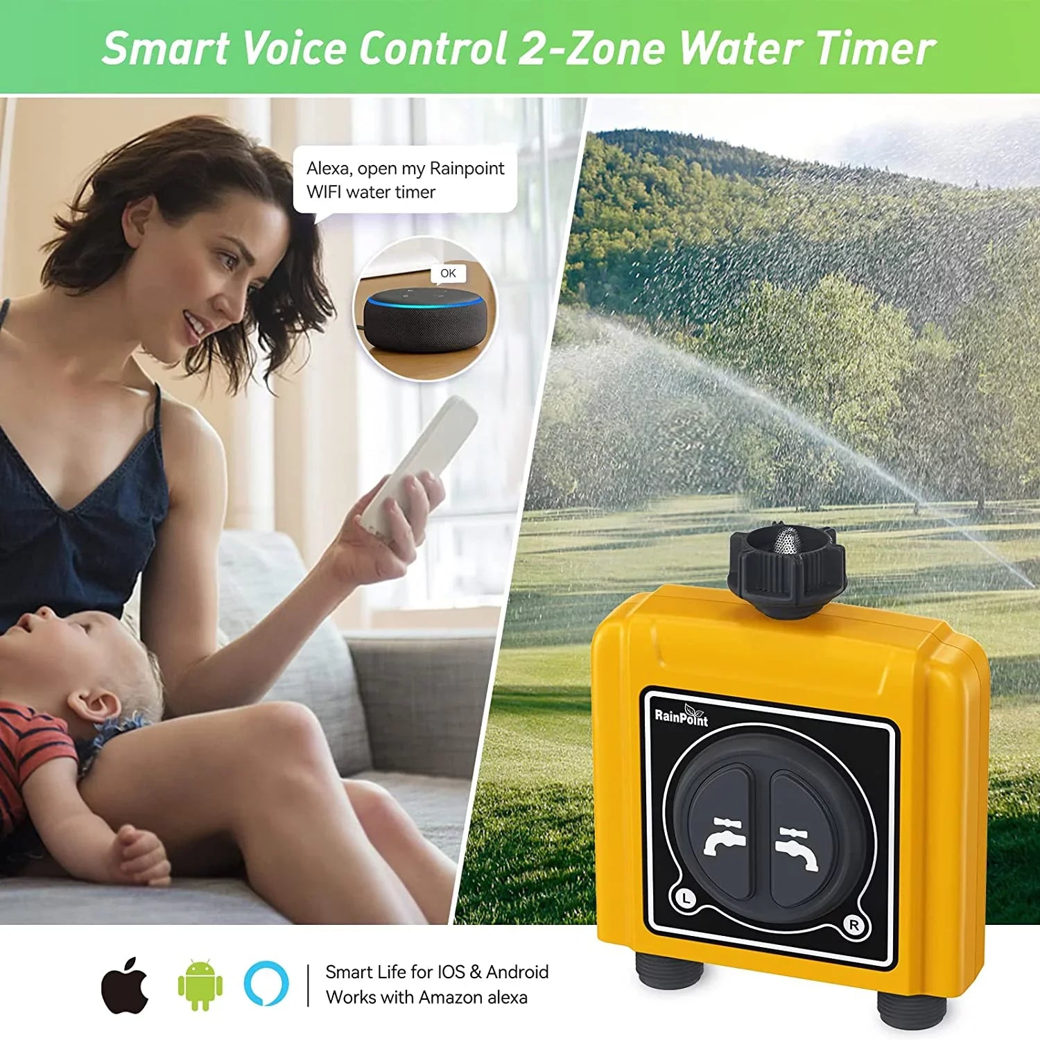 RAINPOINT WiFi Sprinkler Timer 2 Outlets Water Timer, Smart Hose Timer, 2-Zone Watering System Irrigation Valve Controller with Wi-Fi Hub Socket, Automatic Rain Delay, Voice Control, for Garden Lawn
