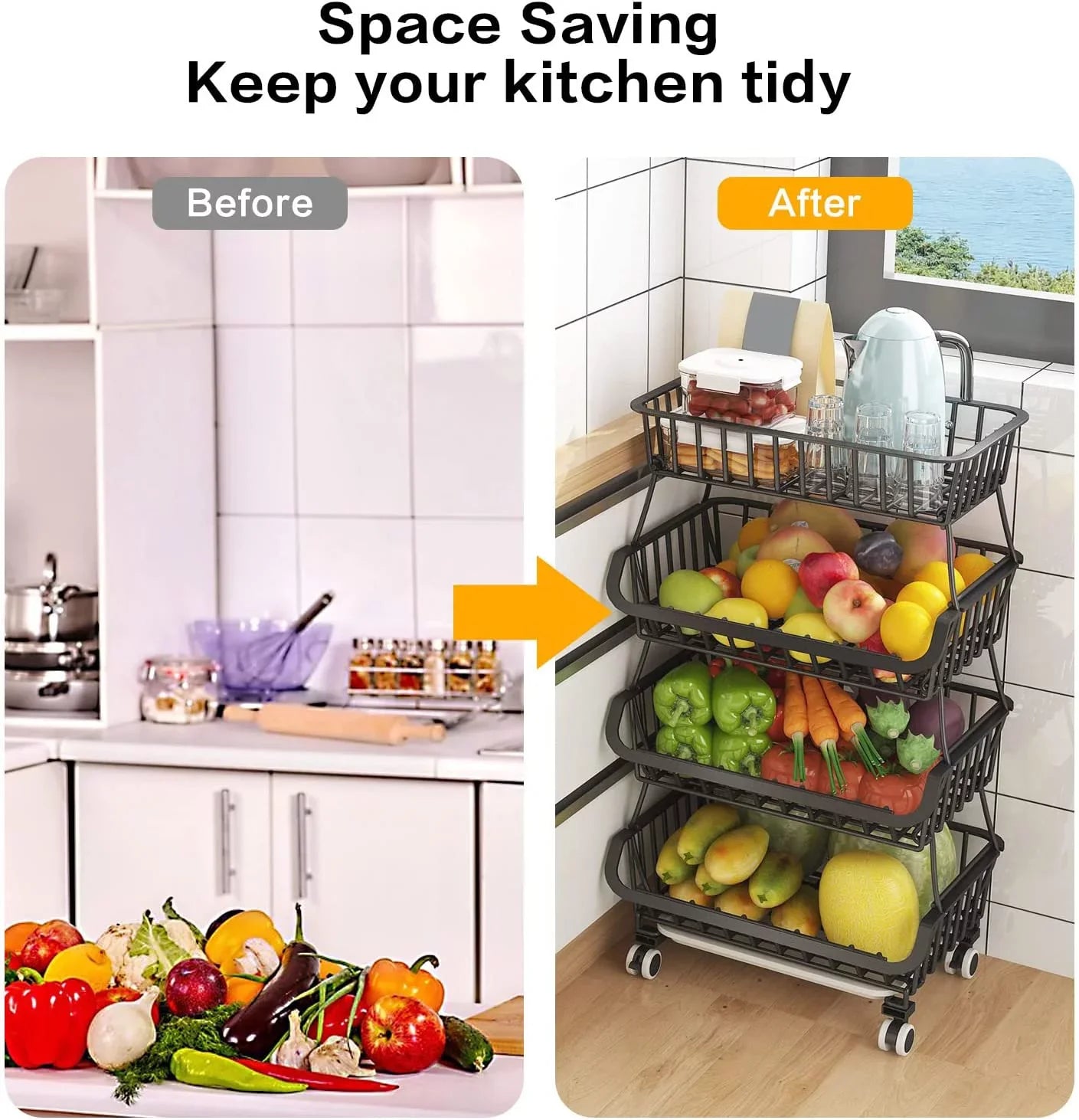 LEZZYRUCK 4-Tier Stackable Fruit Basket Vegetable Storage Basket Car for Pantry,Bathroom, Garage Black