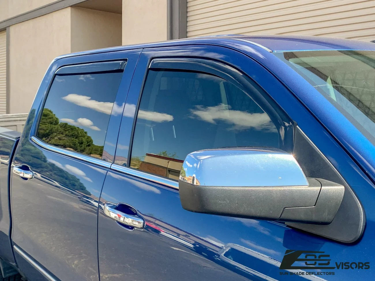 Extreme Online Store Fits ALL 2014-2018 Chevrolet Silverado 1500 Crew Cab Models | EOS Visors IN-CHANNEL Style SMOKE TINTED Side Vents Window Deflectors Rain Guards
