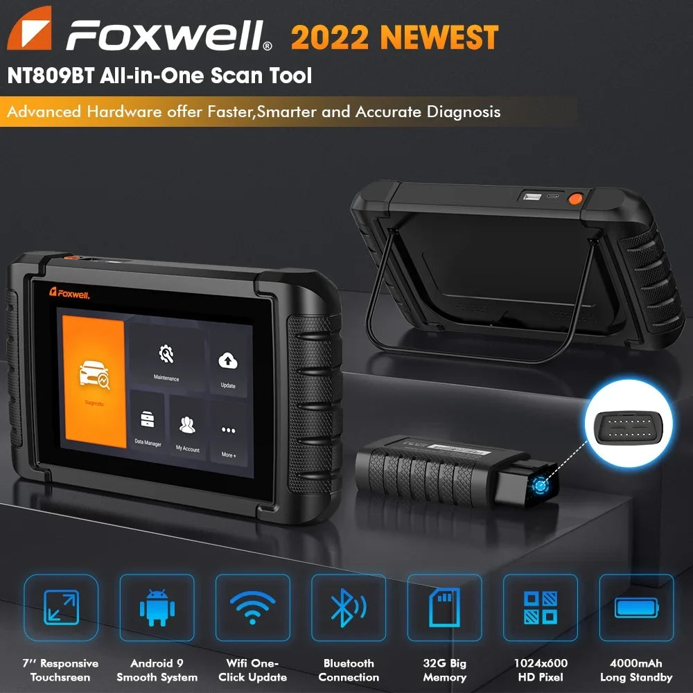 Foxwell NT809BT Advanced Bluetooth Car Scanner Bi-directional Control Active Test Automotive Scanner 30 Maintenance Services OBD2 Scanner Auto Analyzer Code Reader Automotive Diagnostic Scan Tool OBDI