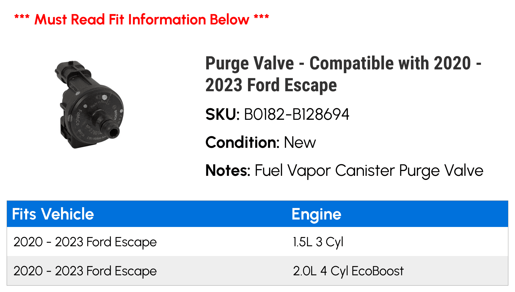Purge Valve - Matching with 2020 - 2023 Ford Escape 2021 2022