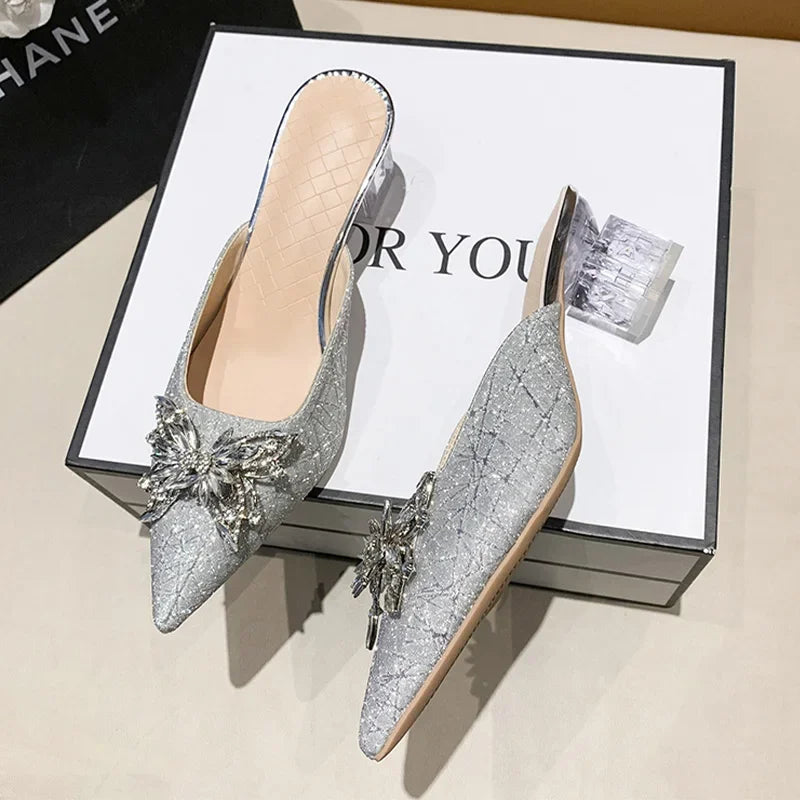 Crystal Luxury High Heels Women Mules Shoes Sexy Pointed Toe Sandals 2024 Summer Designer Dress Flip Flops Pumps Slides