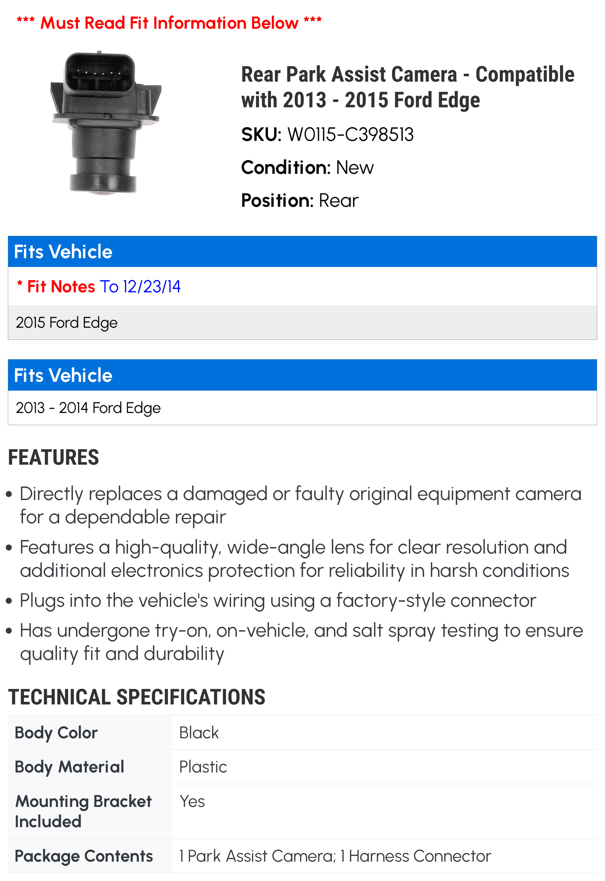 Rear Park Assist Camera - Fitting with 2013 - 2015 Ford Edge 2014