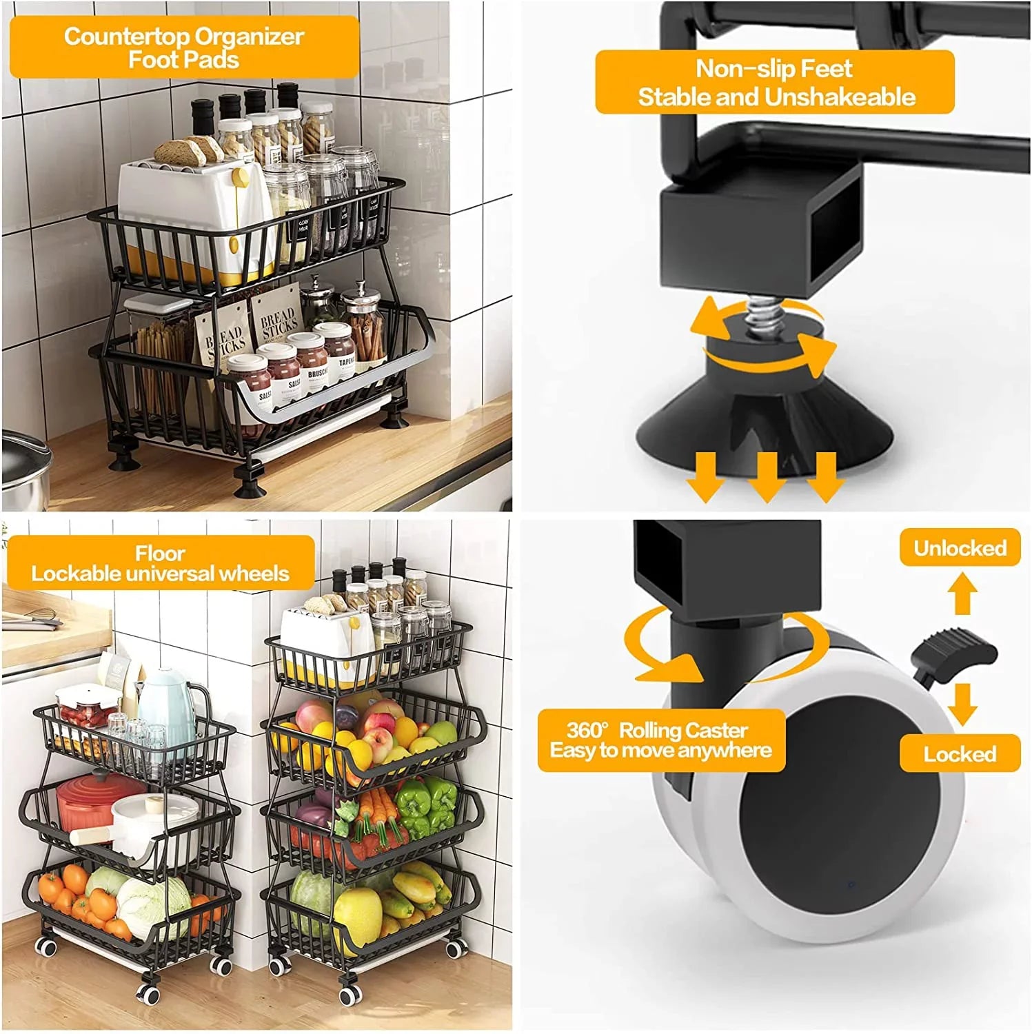 LEZZYRUCK 4-Tier Stackable Fruit Basket Vegetable Storage Basket Car for Pantry,Bathroom, Garage Black