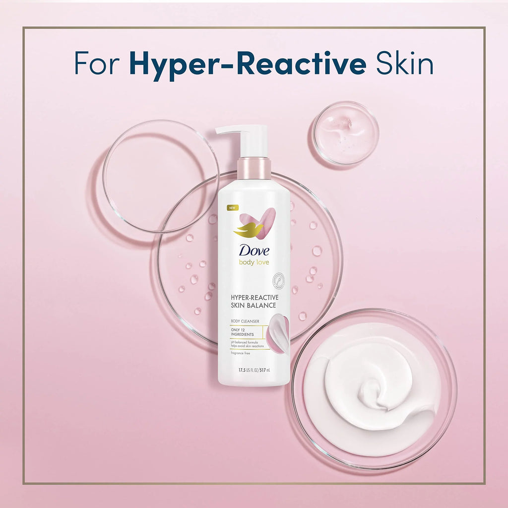 Dove Body Love Body Cleanser Reaction-Prone Skin 3 Count Hyper-Reactive Skin Balance For Ultra-Sensitive Fragrance Free Body Wash With Only 12 Ingredients 17.5 Oz.