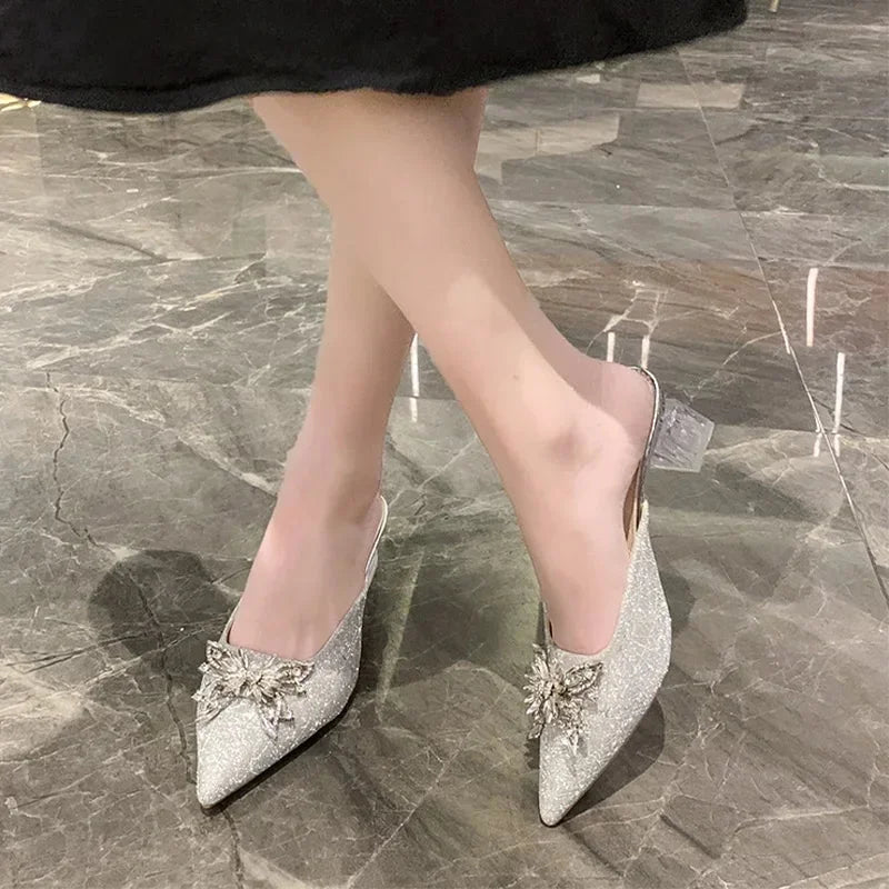 Crystal Luxury High Heels Women Mules Shoes Sexy Pointed Toe Sandals 2024 Summer Designer Dress Flip Flops Pumps Slides