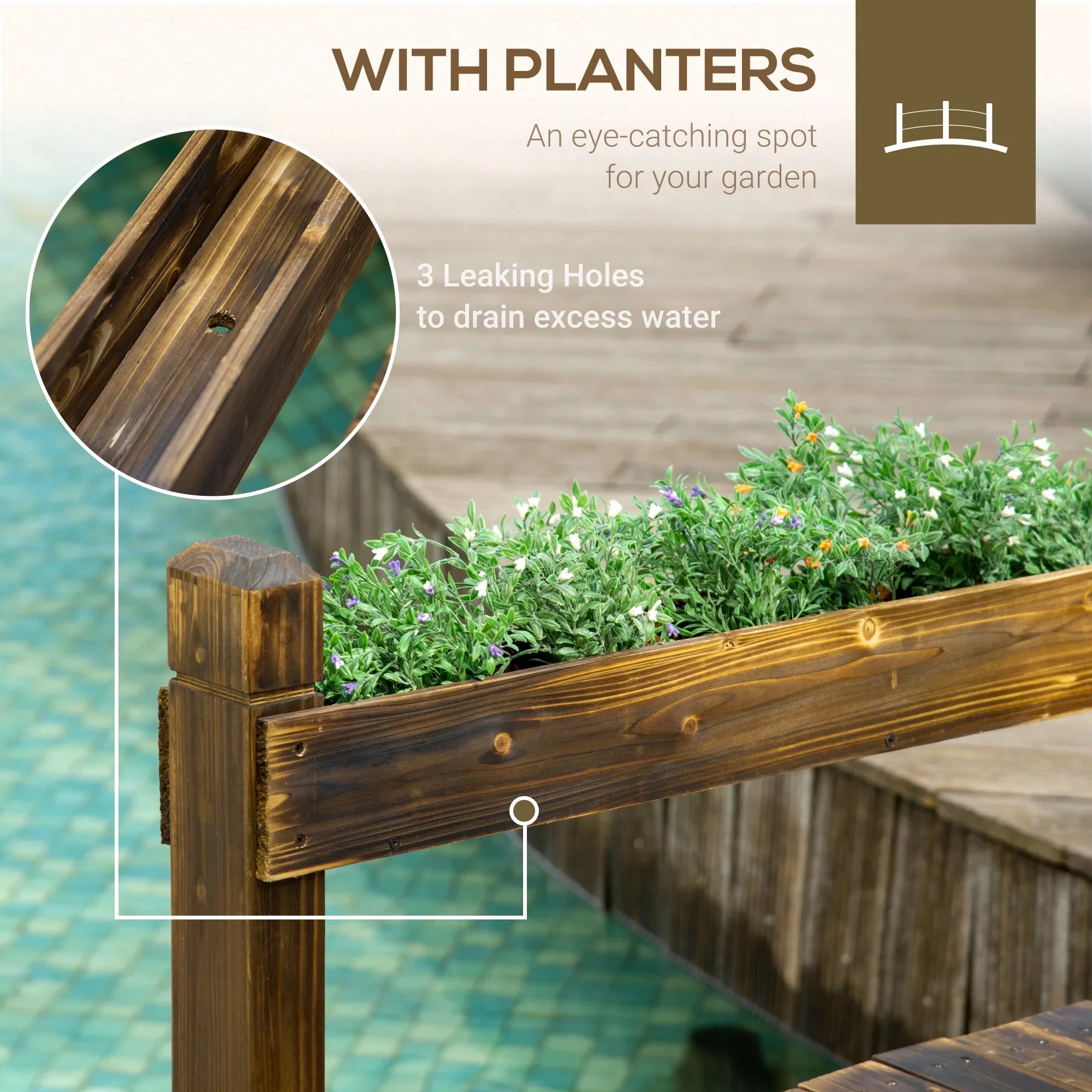Outsunny Wooden Garden Bridge with Planters, Stained Finish Arc Footbridge