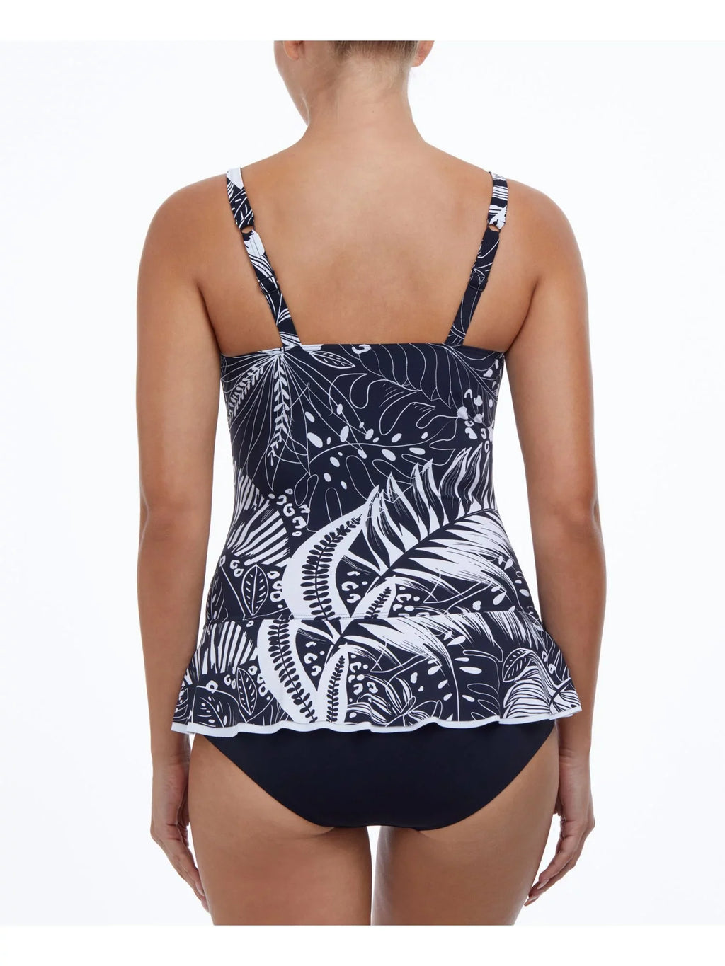 PROFILE by GOTTEX Women's Black Tropical Print Stretch Tummy Control Ruffled Fixed Cups Sweetheart Neck Adjustable Marbella Swimdress 8