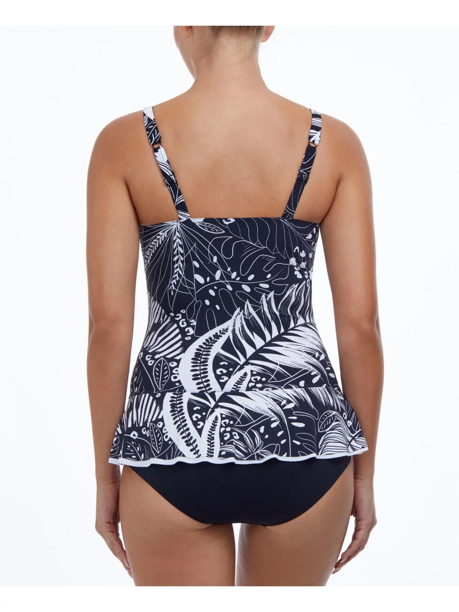 PROFILE by GOTTEX Women's Black Tropical Print Stretch Tummy Control Ruffled Fixed Cups Sweetheart Neck Adjustable Marbella Swimdress 8