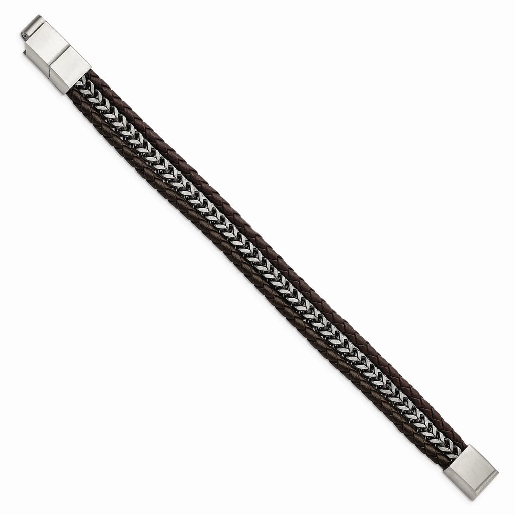 Primal Steel Stainless Steel Antiqued and Brushed Brown Leather with 0.5 Inch Extension Bracelet