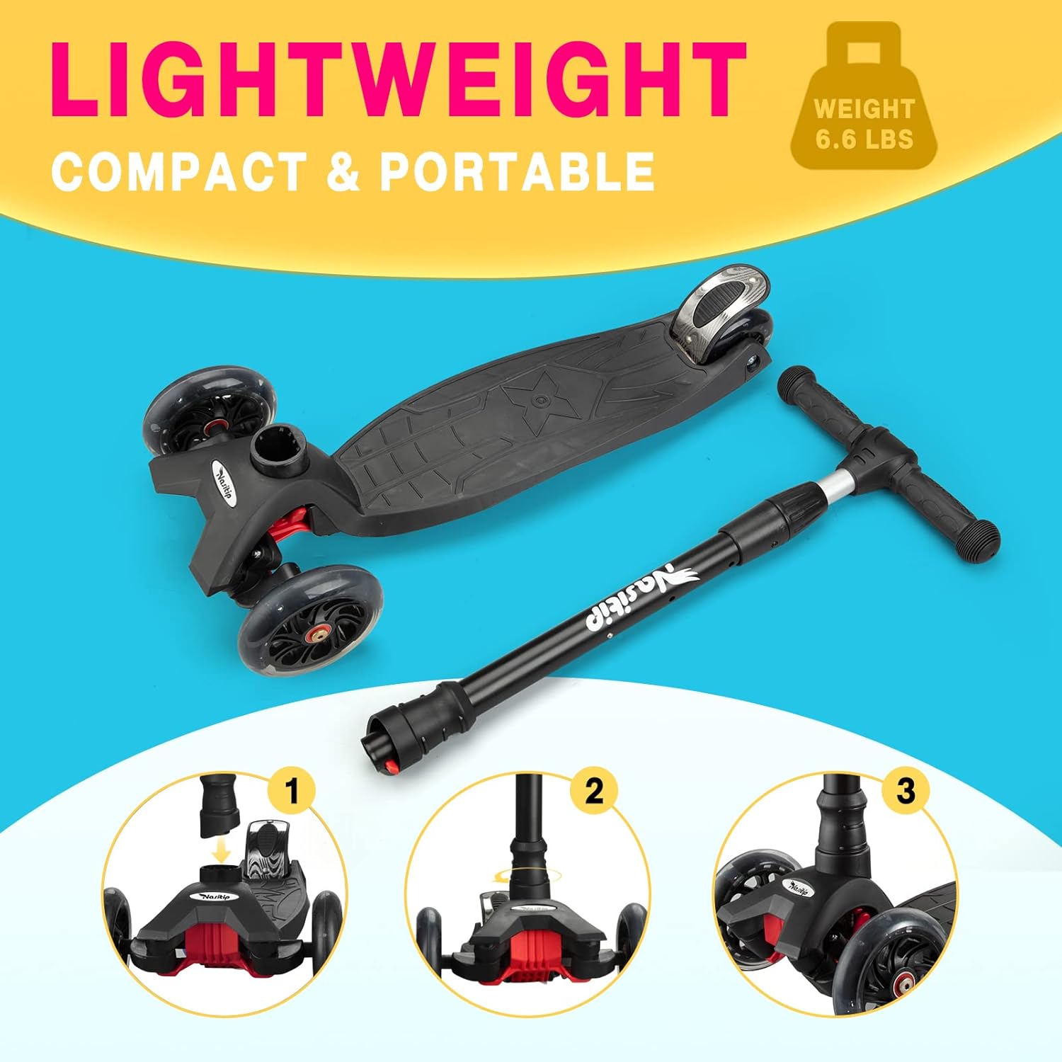 Kick Scooter Collapsible Portable Kids Push Scooter with 4 Adjustable Height, AEBC-9 Bearing, 3 Light Up Wheels for Boys Girls Toddlers from 3 to 12 Years Old(Black)