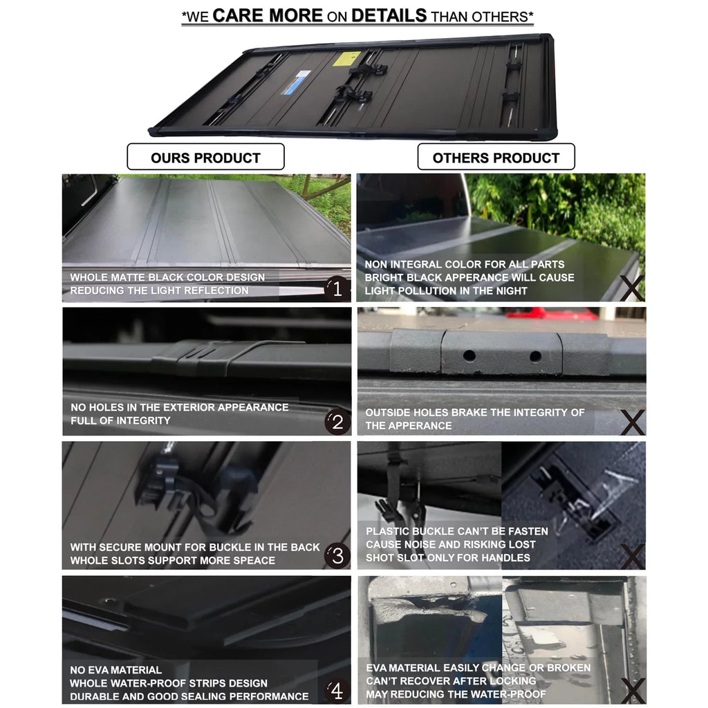 Mamoru Hard FRP Quad-Fold Solid Tonneau Wrap Suitable with 2016 2017 2018 2019 2020 2021 2022 2023 Tacoma 6' / 73.7" Truck Bed Protection | Fit for Deck Rail System