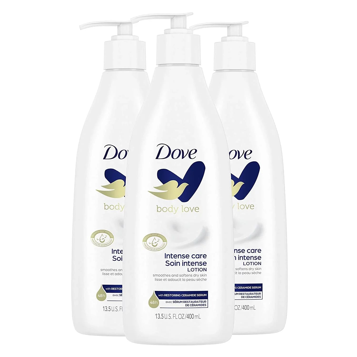 Dove Body Love Moisturizing Lotion for Rough or Dry Skin Intense Care Softens and Smoothes, White, 13.5 Oz, 3 Count