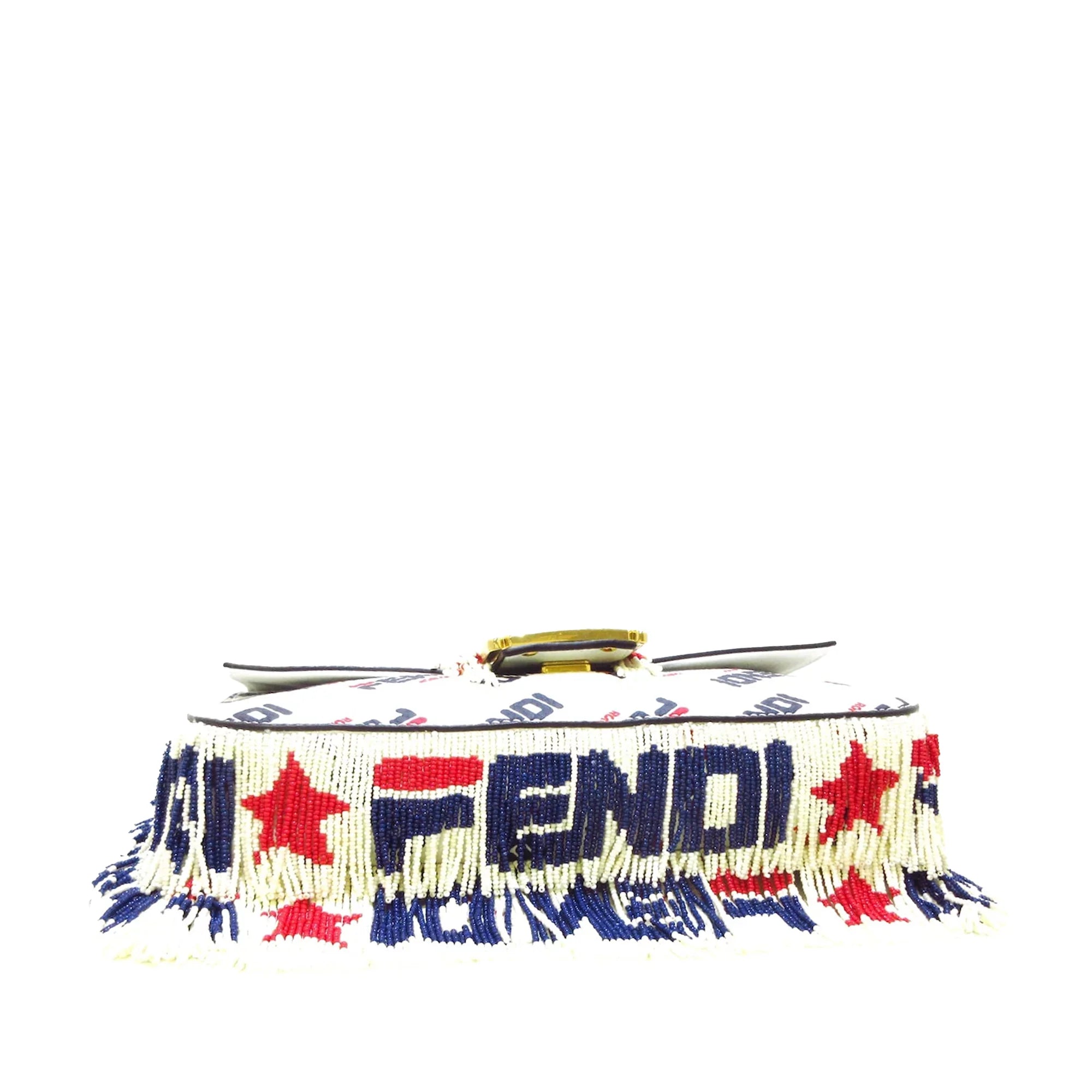 Pre-Owned Authenticated Fendi Fila Mania Beaded Baguette Calf Leather White Shoulder Bag Unisex (Good)
