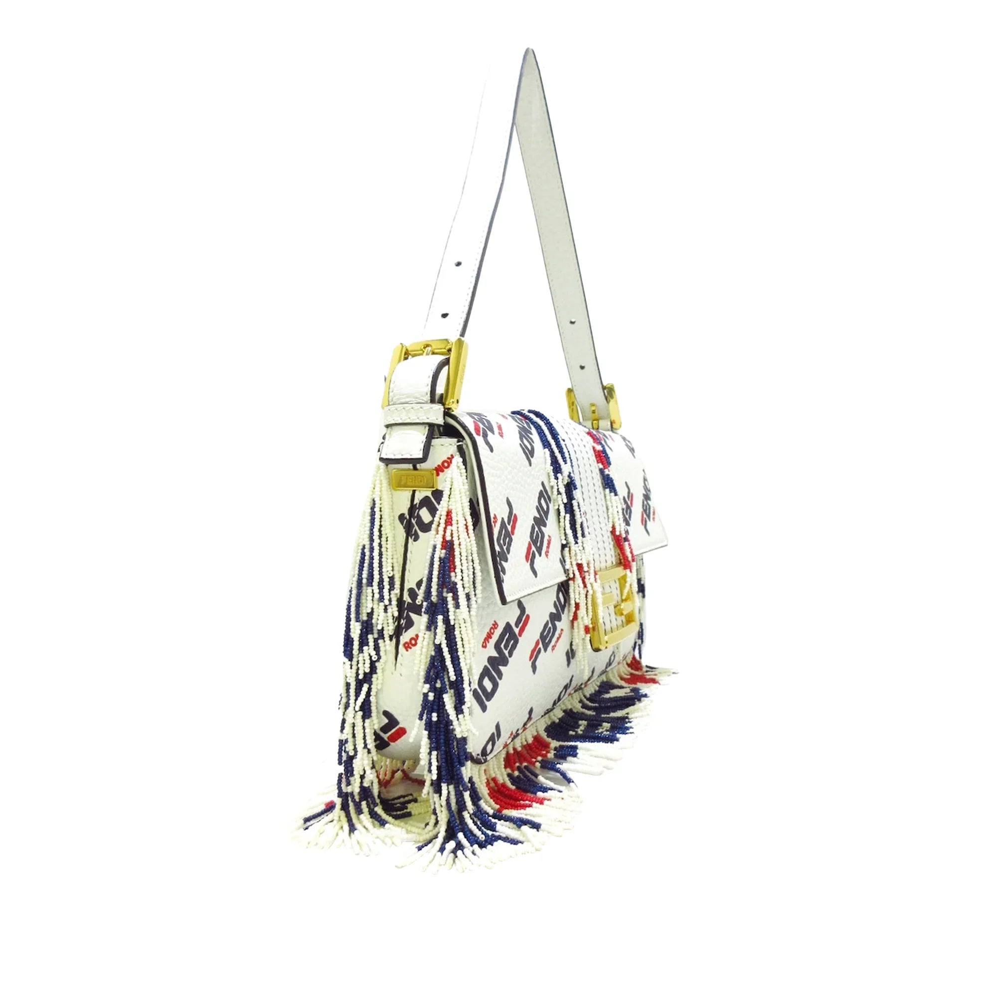 Pre-Owned Authenticated Fendi Fila Mania Beaded Baguette Calf Leather White Shoulder Bag Unisex (Good)