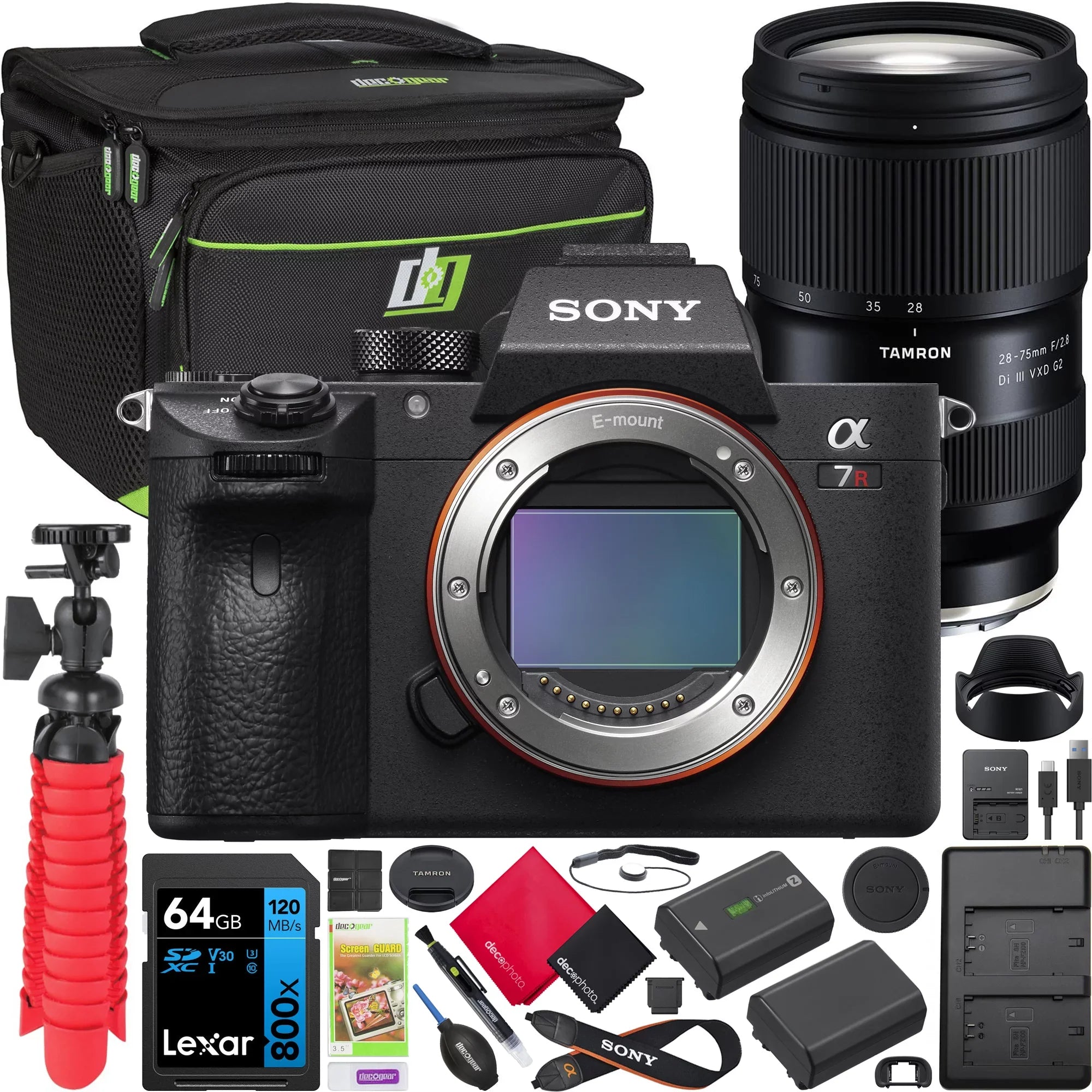 Sony a7R III Full Frame Mirrorless Camera Body ILCE-7RM3A/B Bundle with Tamron 28-75mm F2.8 Di III VXD G2 Lens A063 + Deco Gear Bag + Extra Battery & Dual Charger+ 64GB Card+ Tripod & Kit Accessories