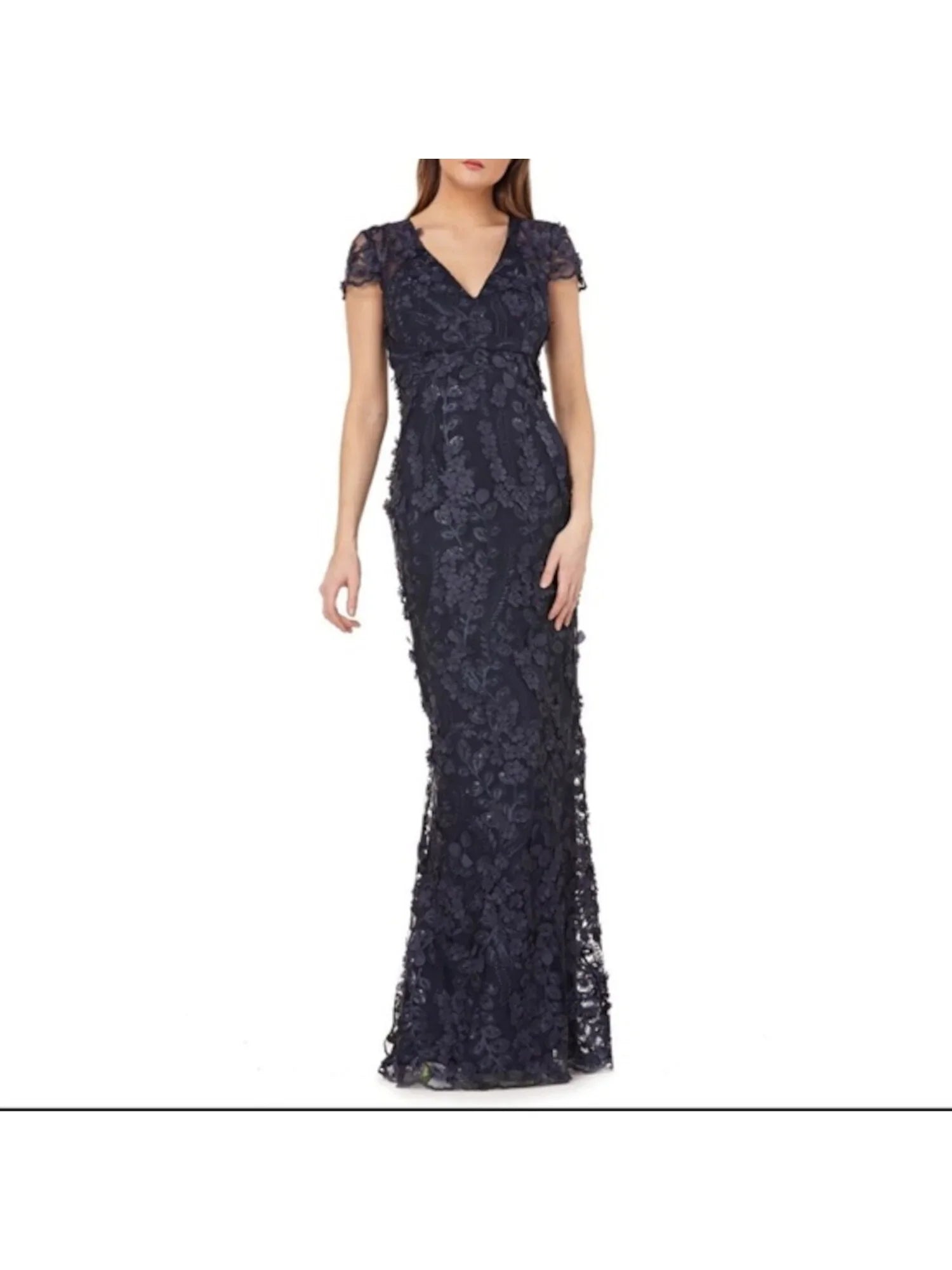 CARMEN MARC VALVO Womens Navy Embellished Floral Cap Sleeve V Neck Full-Length Formal Mermaid Dress 4