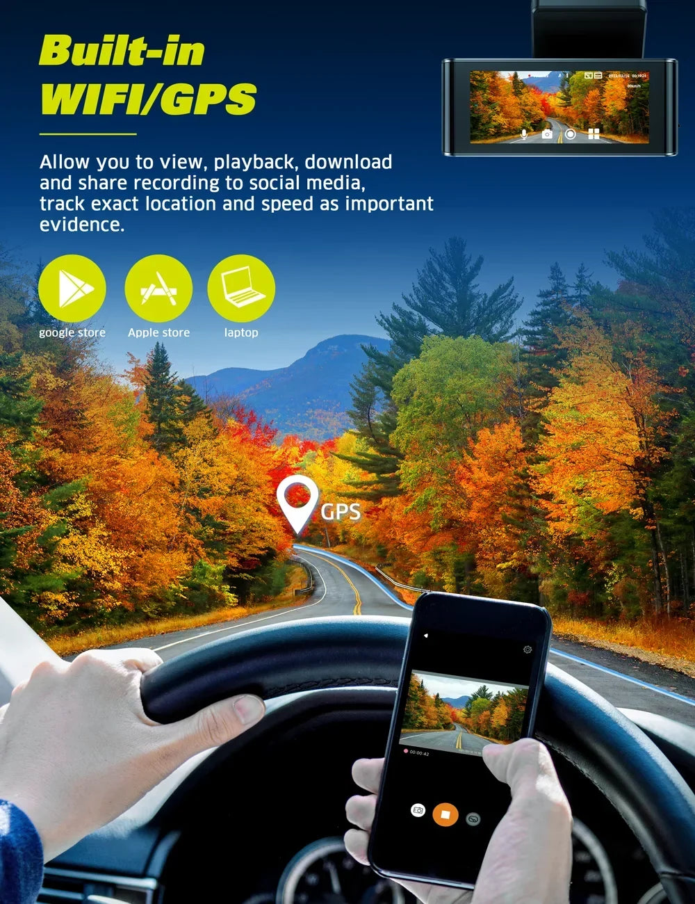 Toguard 4K Dual Dash Cam Front and Rear with WiFi GPS, 3.16" IPS Touch Screen Capacitor Car Camera W/Motion Activated Sensor Emergency Lock