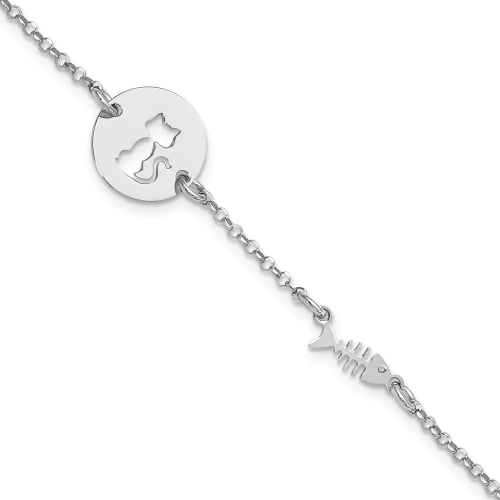 Auriga Fine Jewelry 925 Sterling Silver Rhodium Plated Kitty and Fish Bracelet 7inch for Women