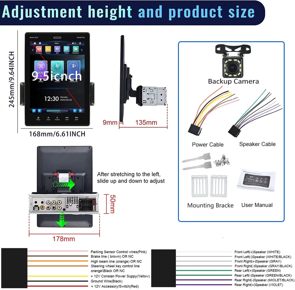 Podofo Single Din 9.5'' Car Stereo with Apple Carplay Android Auto HD Touch Screen Car MP5 Player Car Radio Bluetooth Mirror Link USB FM,with 12 LED Rear Camera