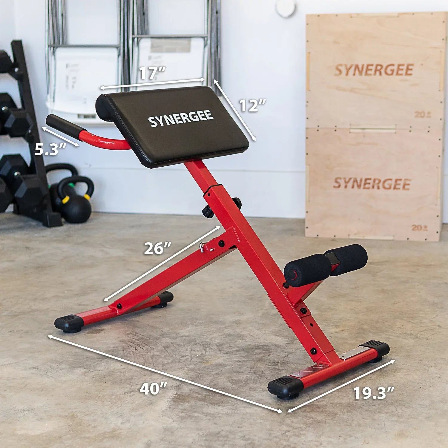 Synergee Roman Chair. Red Coated Steel Hyperextension Machine. GHD Ab Bench for Lower Back Workout, Hyper Exercises.