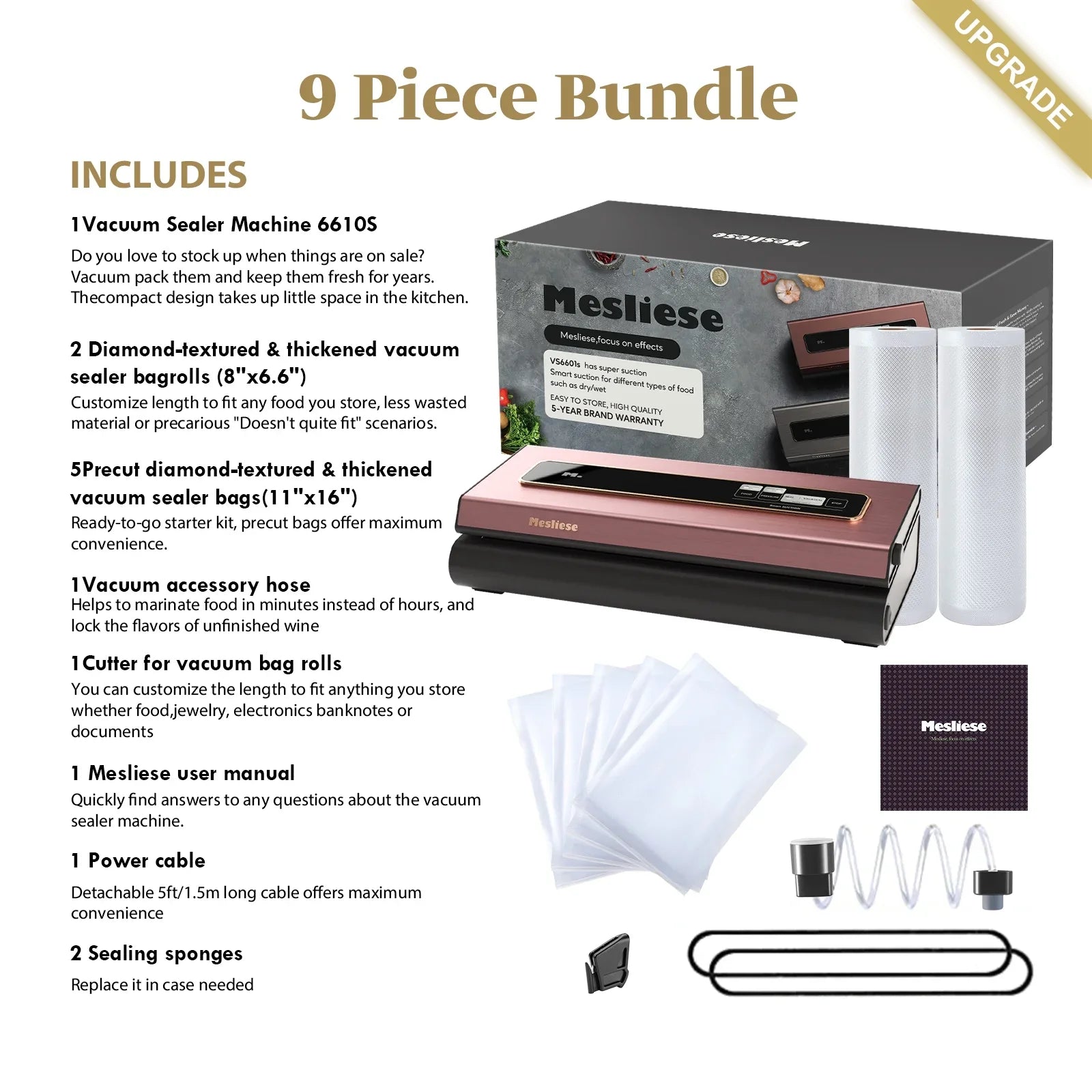 Mesliese Vacuum Sealer Machine Powerful 90Kpa Precision 6-in-1 Compact Food Preservation System with Cutter, 2 Bag Rolls & 5 Pre-cut Bags, Widened 12mm Sealing Strip, Dry&Moist Modes (Pink)