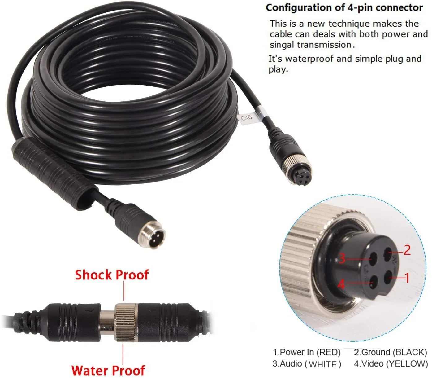 DALLUX Backup Camera Cable 4PIN Video Power Aviation Extension Wire for Vehicle Car Camper Bus Van Truck Motorhome