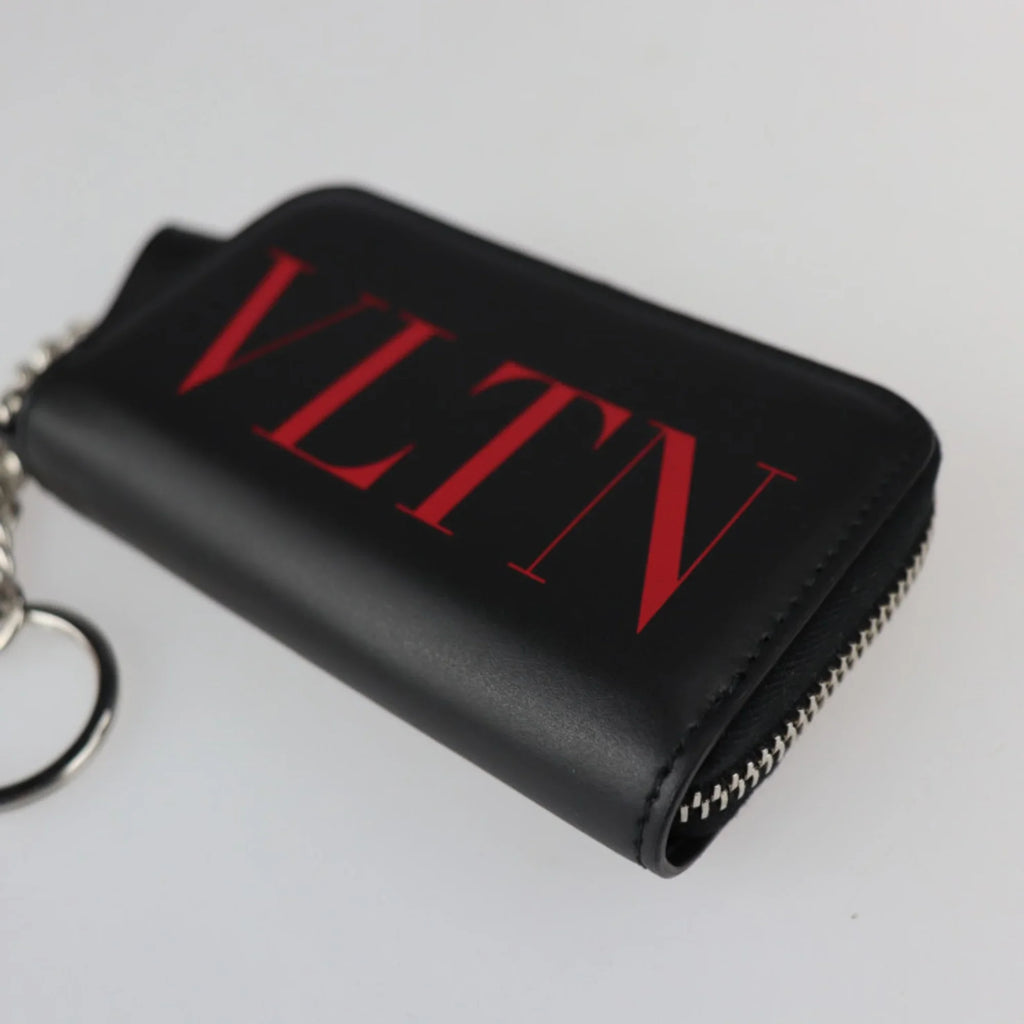 Pre-Owned Valentino Garavani coin case TY2P0P24LVN leather black red silver metal fittings round zipper purse with key ring (Like New)