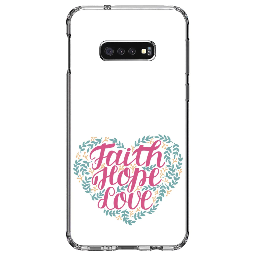 DistinctInk Clear Shockproof Hybrid Case for Samsung Galaxy S10e (5.8" Screen) - TPU Bumper, Acrylic Back, Tempered Glass Screen Protector - Faith / Hope / Love - Floral