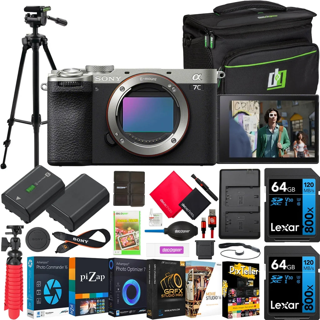 Sony a7C II Full Frame Mirrorless Interchangeable Lens Camera Body Silver ILCE-7CM2/S Bundle with Deco Gear Photography Bag Case + Extra Battery + Dual Charger + Tripod + Software Kit & Accessories