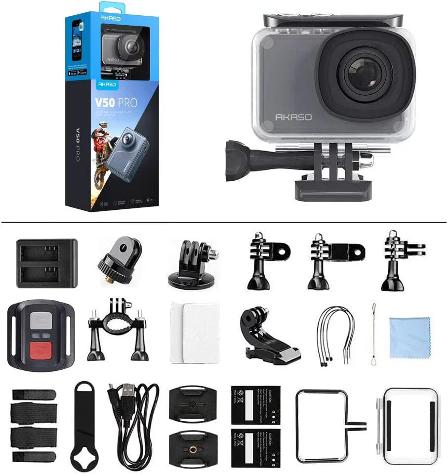 AKASO V50 Pro Action Camera 4K30fps 20MP WiFi with EIS Touch Screen 100 feet Waterproof Camera Web Camera Support External Mic Remote Control Sports Camera with Helmet Accessories Kit
