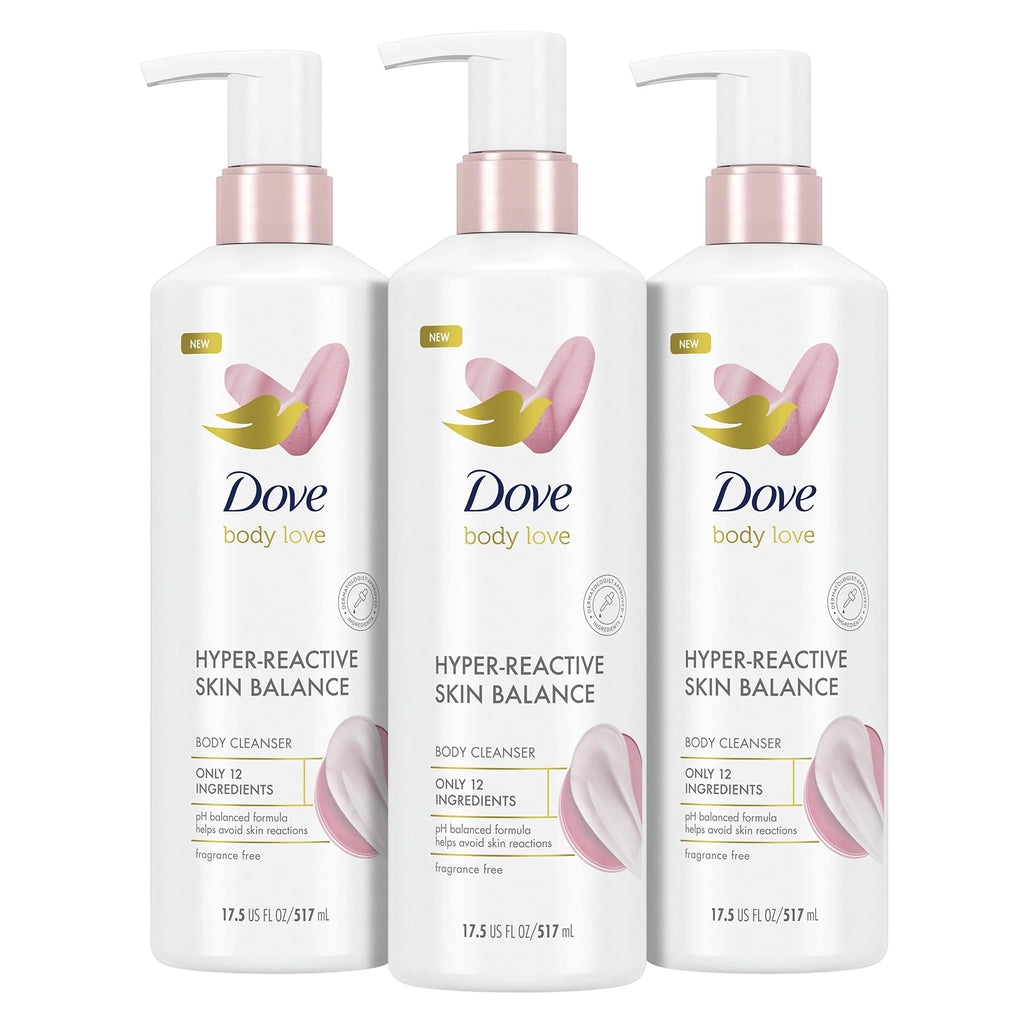 Dove Body Love Body Cleanser Reaction-Prone Skin 3 Count Hyper-Reactive Skin Balance For Ultra-Sensitive Fragrance Free Body Wash With Only 12 Ingredients 17.5 Oz.
