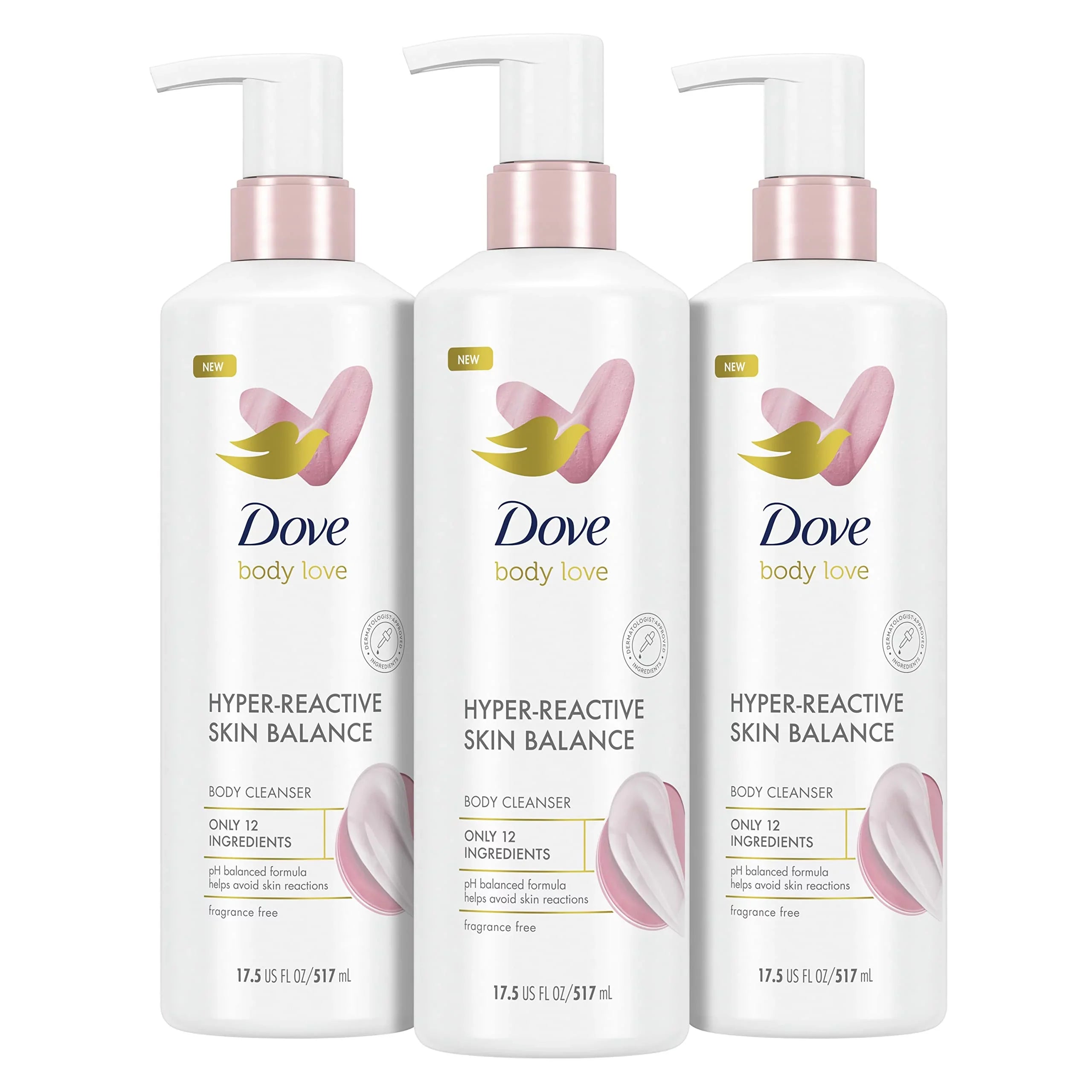 Dove Body Love Body Cleanser Reaction-Prone Skin 3 Count Hyper-Reactive Skin Balance For Ultra-Sensitive Fragrance Free Body Wash With Only 12 Ingredients 17.5 Oz.