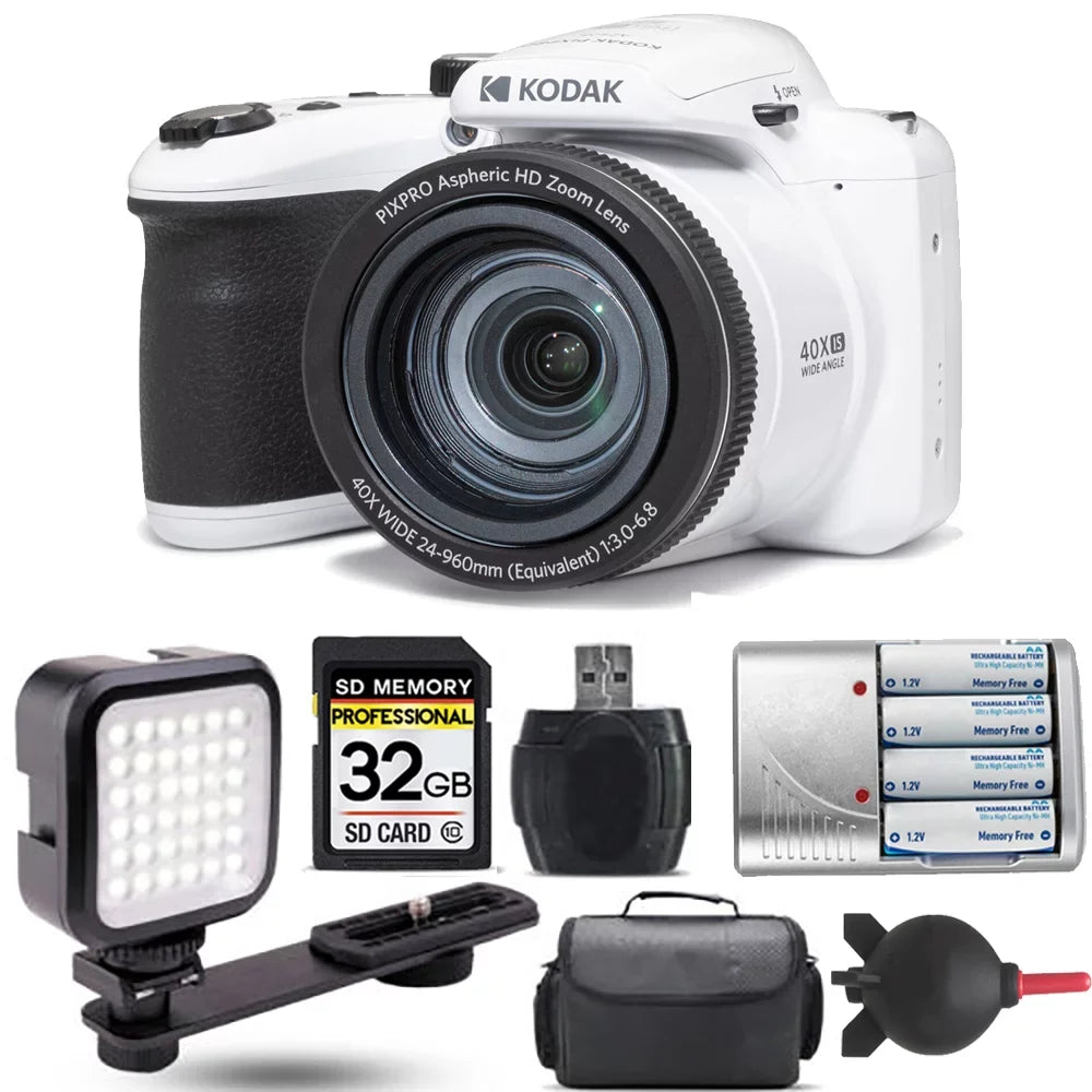 Kodak PIXPRO AZ405 Digital Camera (White)+ Extra Battery + LED - 32GB Kit