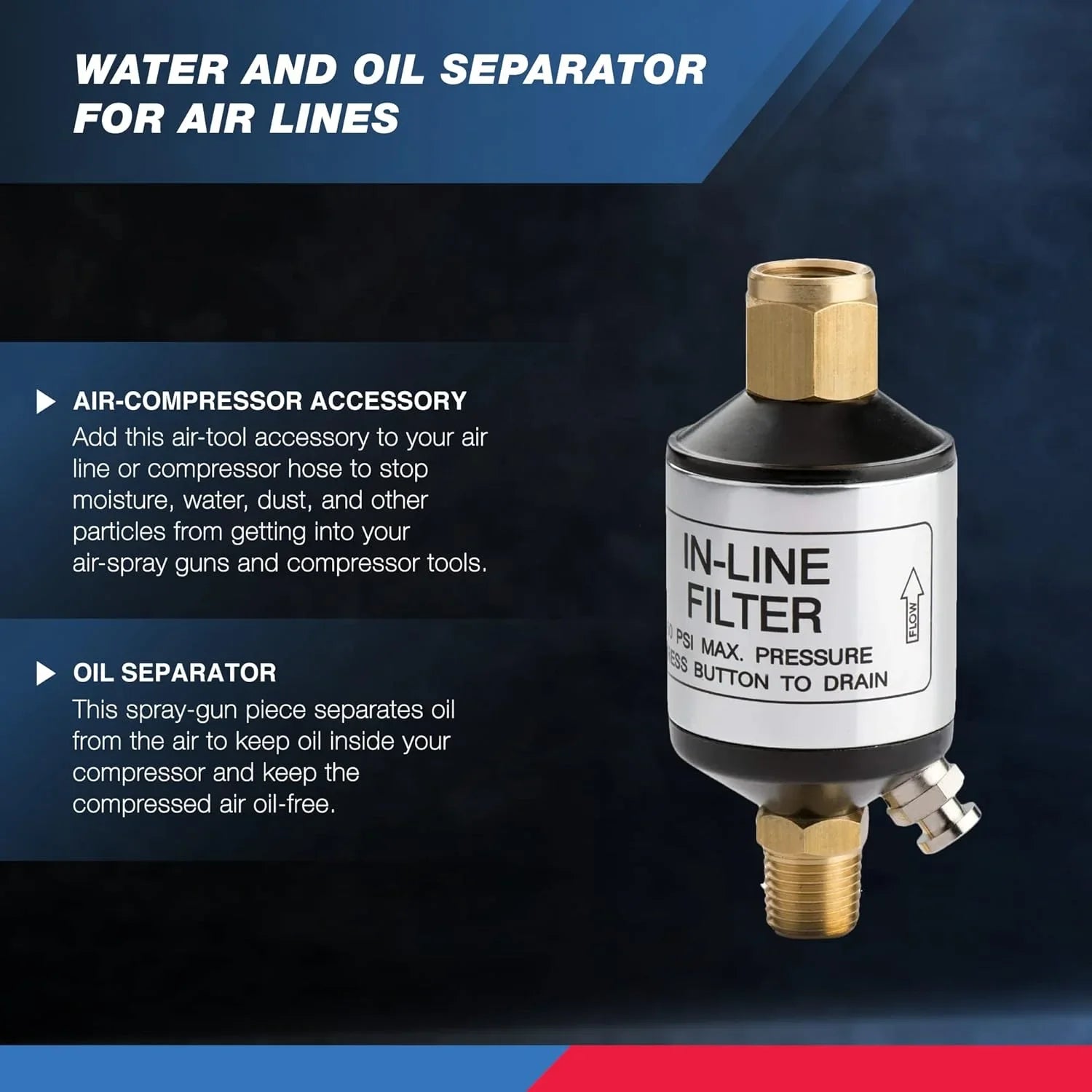 NEIKO 30253A Water and Oil Separator for Air Line | 1/4" NPT Inlet and Outlet | 150 PSI | Air Compressor and Air Tool Accessory | Protect Lifespan of Pneumatic Tools | Optimize Performance, Black
