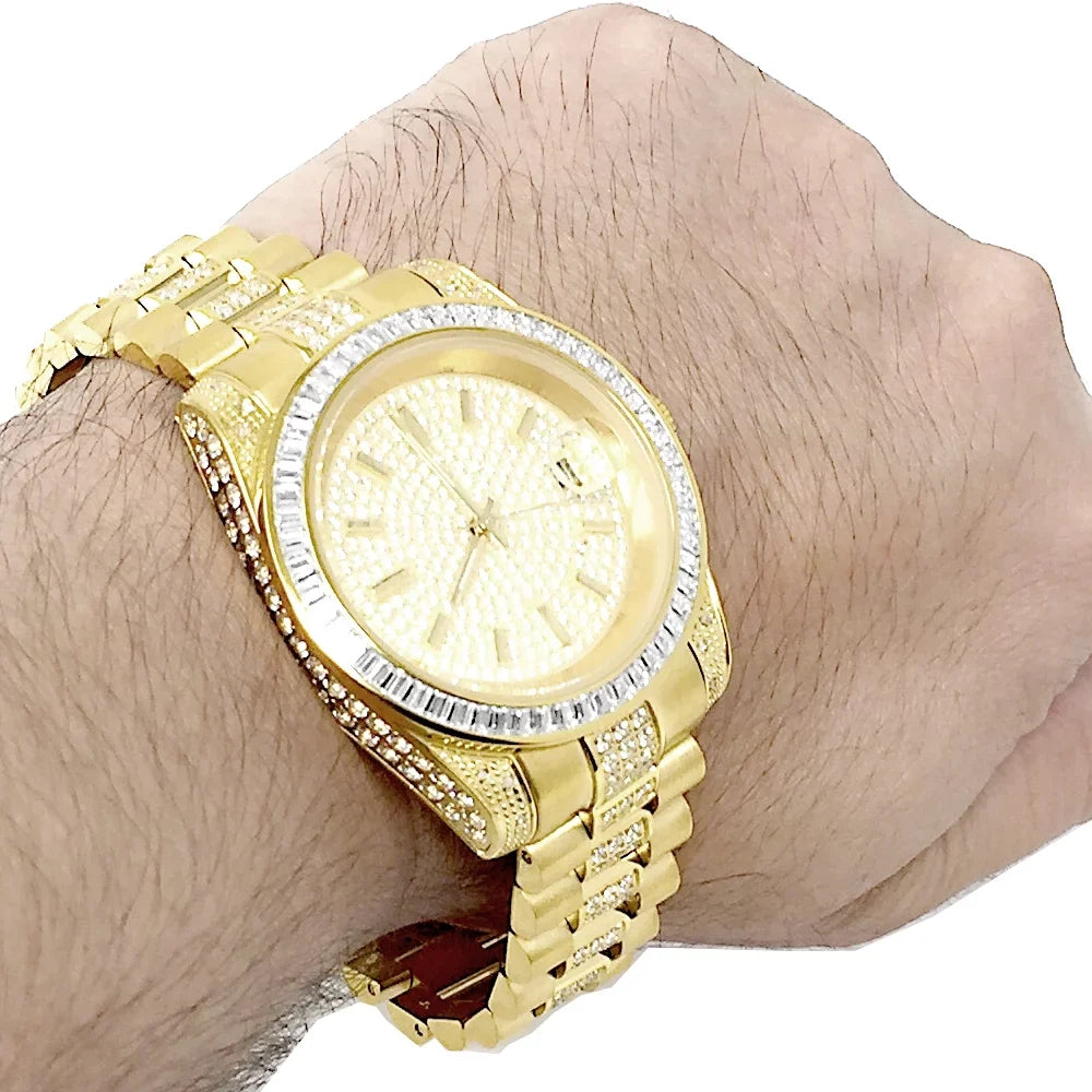 Unisex 18k Yellow Gold Finish Stainless Steel Simulated Diamond Presidential Watch 41MM New Tarnish Free