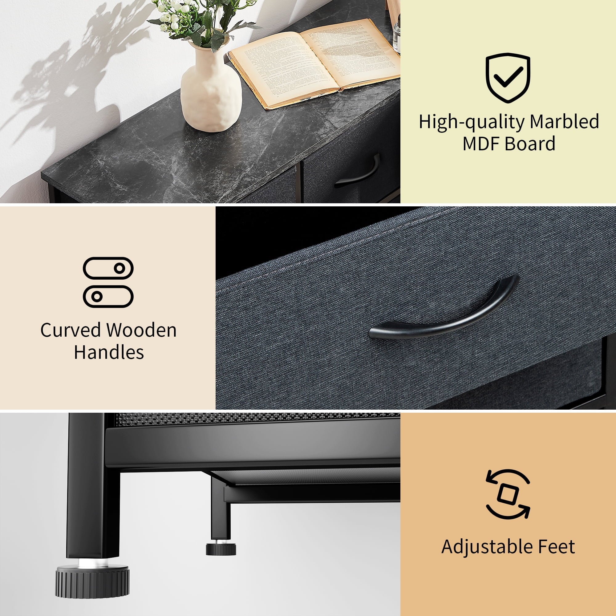 Bigroof 9-Drawer Fabric Dresser, Furniture Storage Tower Cabinet, Organizer for Bedroom, Living Room, Hallway, Closet, Sturdy Steel Frame, Wooden Top, Easy-to-Pull Fabric Bins(Black Grey)