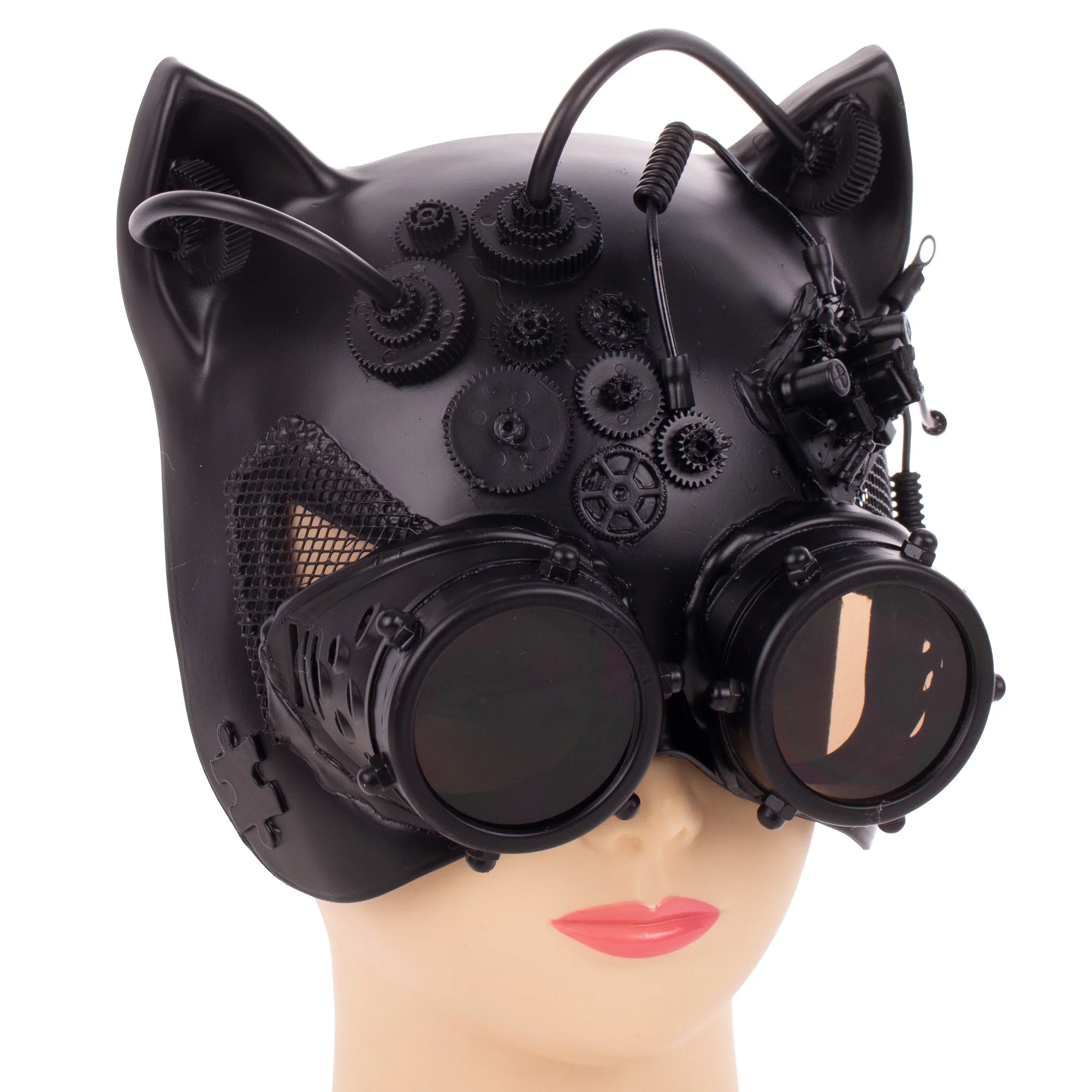 Kbw Black Steampunk Kitty Cat Women's Costume Half Mask with Goggles Masquerade