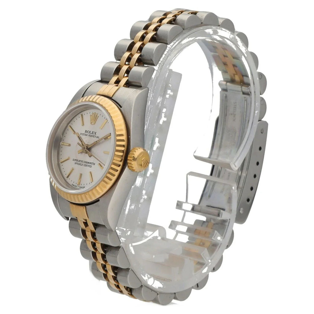 Rolex 76193 Oyster Perpetual 18k Yellow Gold Steel Silver Dial Ladies Watch 2005